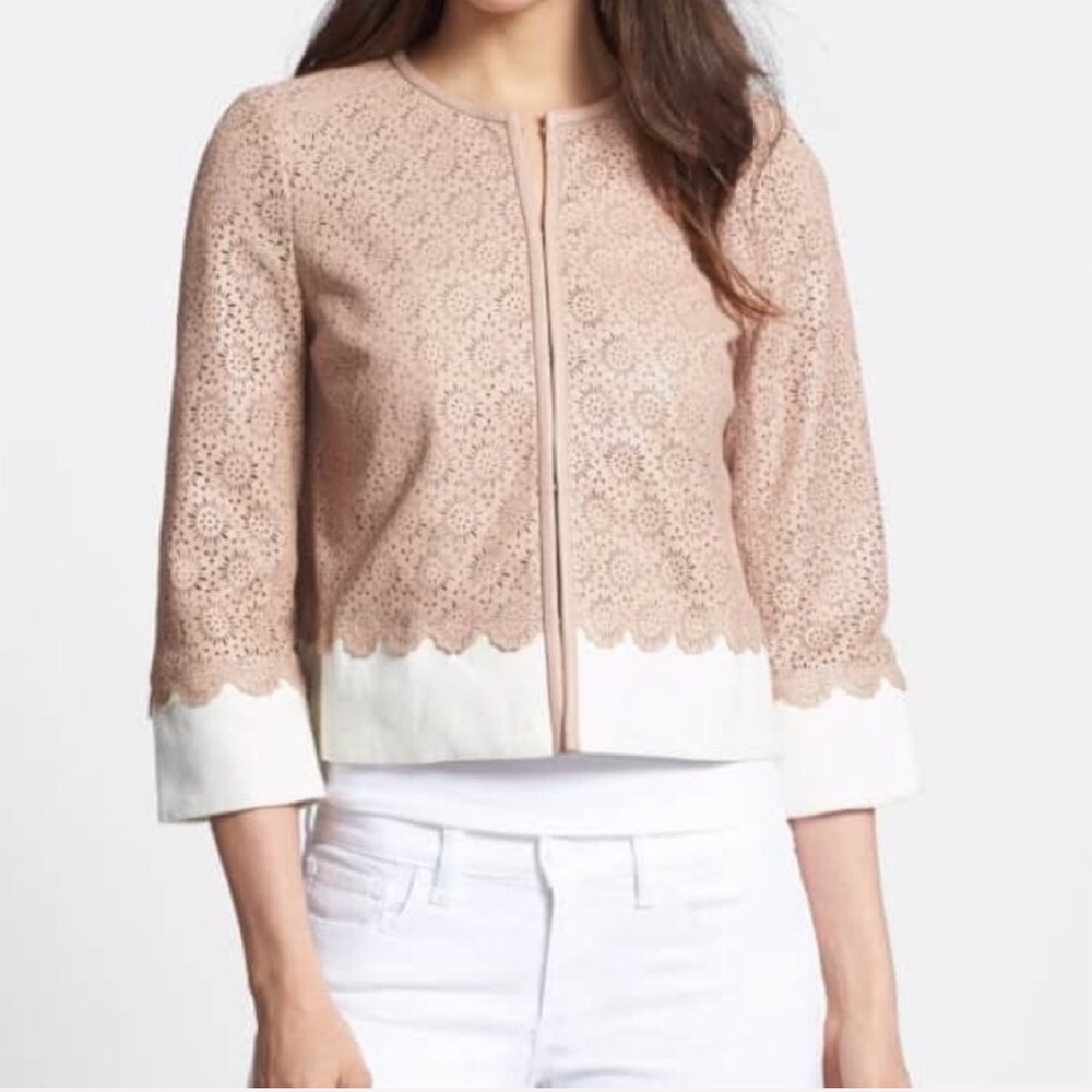 Tory Burch Leather Cropped Perforated Jacket Small